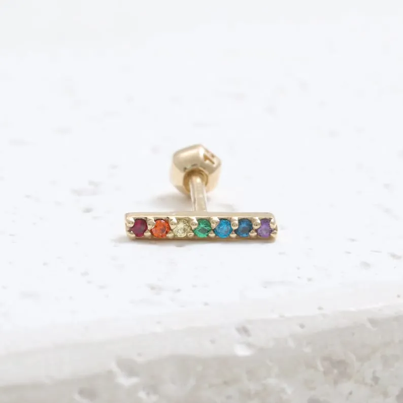 14K 18K Solid Gold Rainbow Cz Stick Bar Ear Stud Cartilage Tragus Helix Barbell Piercing