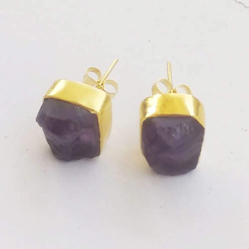 18K Yellow Gold Plated Natural Amethyst Gemstone Post Earrings