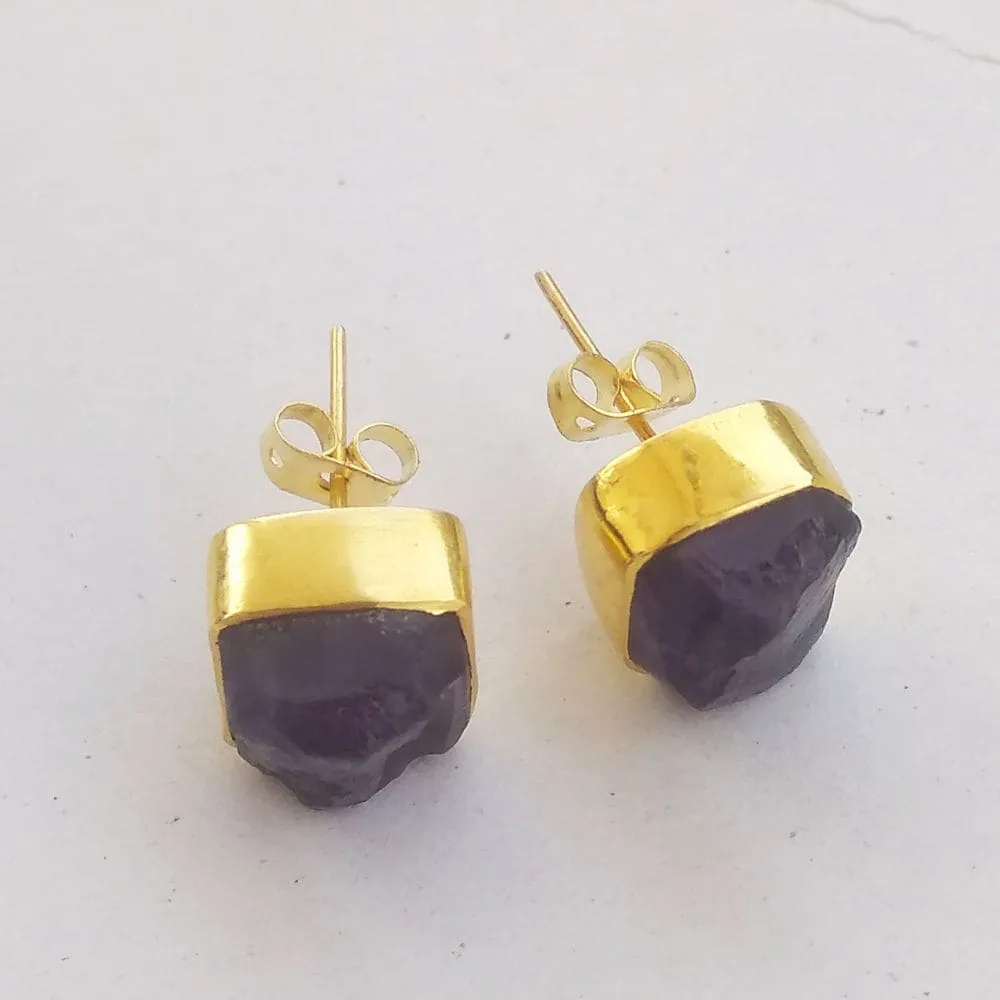 18K Yellow Gold Plated Natural Amethyst Gemstone Post Earrings