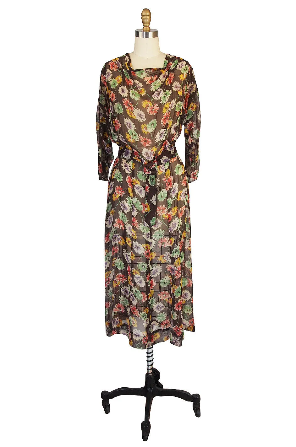 1920s Pretty Floral Silk Chiffon Dress with Belt