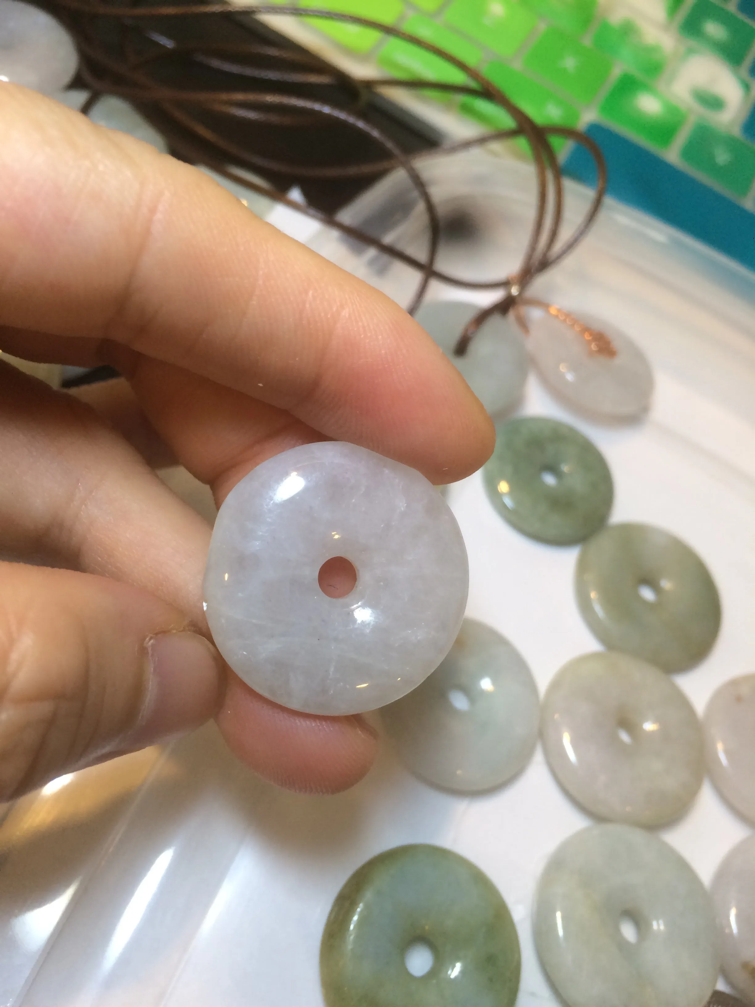 24-25mm Type A 100% Natural light green/white/purple/red Jadeite Jade Safety Guardian Button donut Pendant group AK39 (Add-on items)