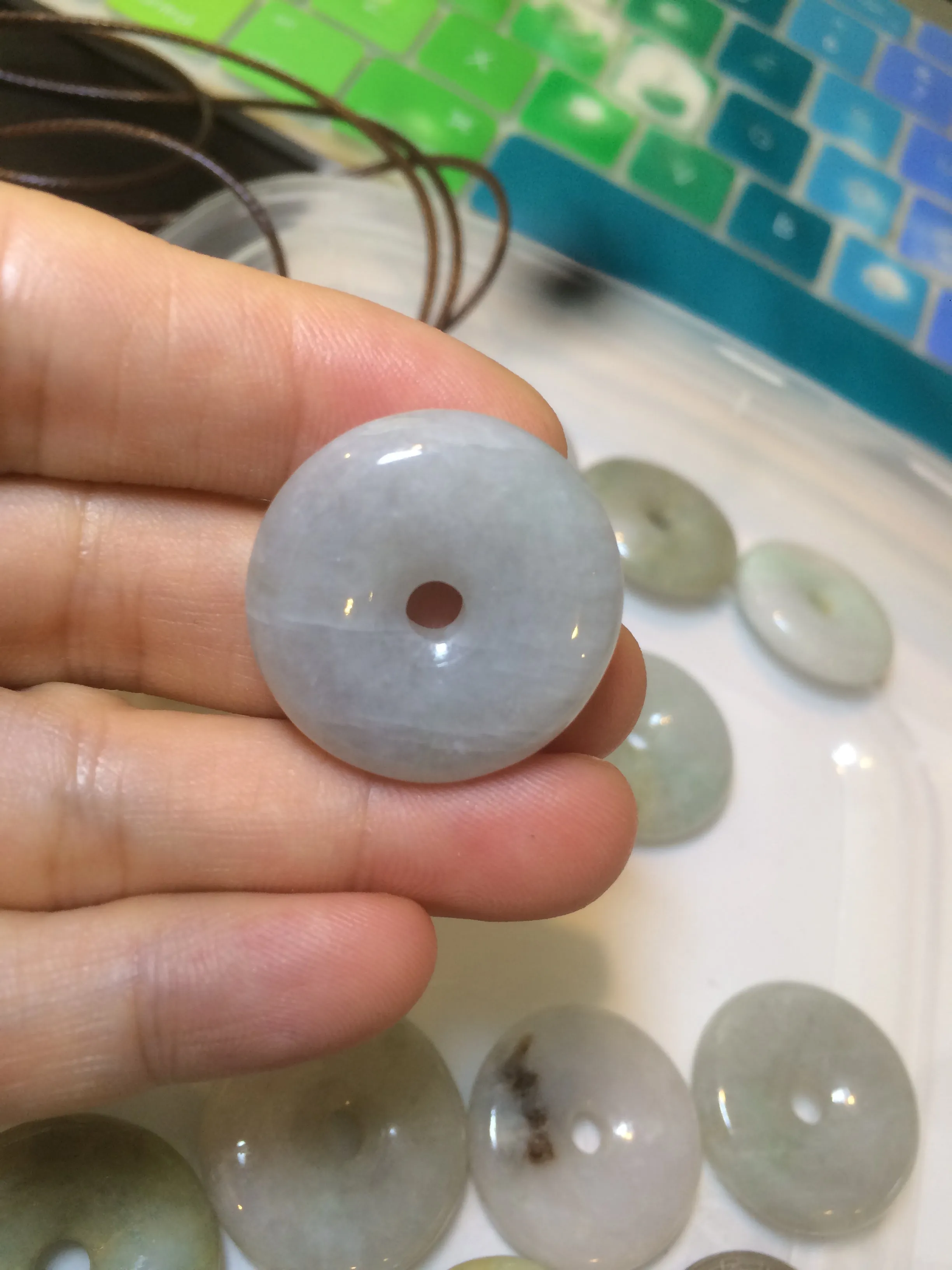 24-25mm Type A 100% Natural light green/white/purple/red Jadeite Jade Safety Guardian Button donut Pendant group AK39 (Add-on items)