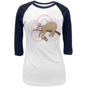 4th Of July Sloth Patriotic Cute Fireworks Juniors 3/4 Raglan T Shirt