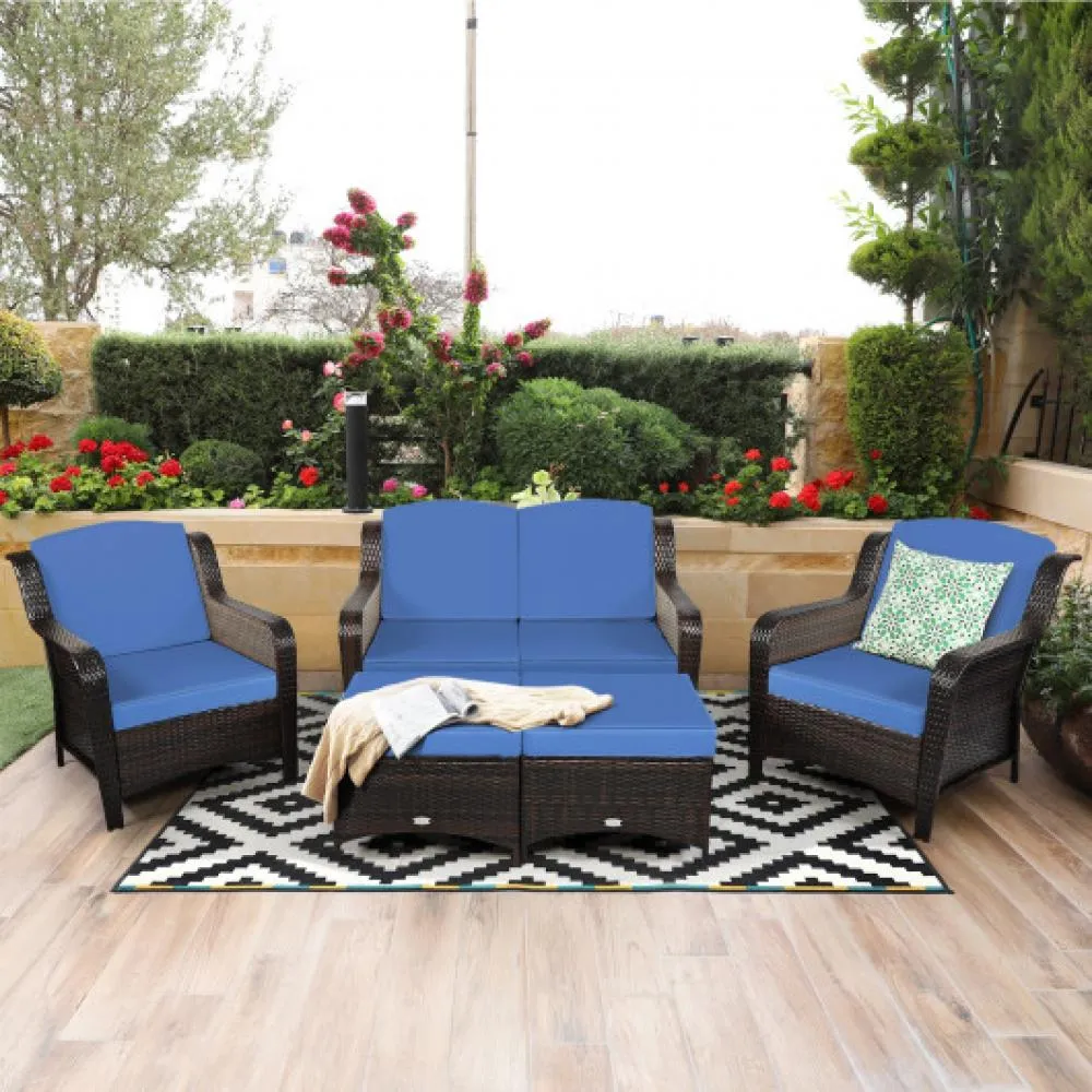 5 Pieces Patio Rattan Sofa Set with Cushion and Ottoman-Black