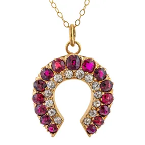 Antique Ruby & Diamond Horseshoe Pendant Necklace