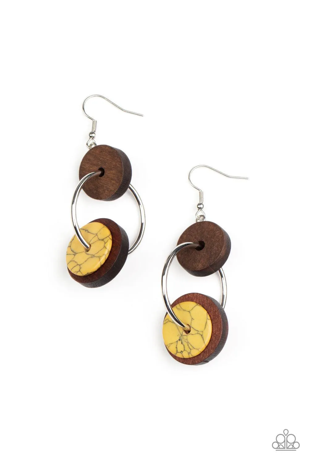 Artisanal Aesthetic Yellow Stone and Brown Wood Earrings - Paparazzi Accessories