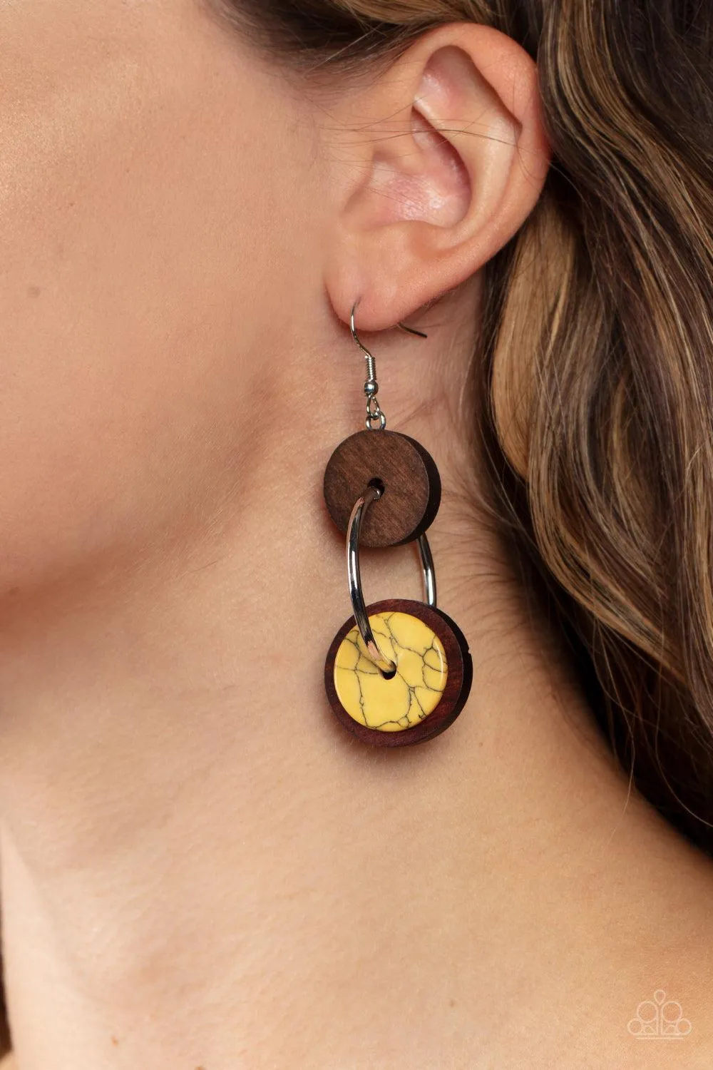 Artisanal Aesthetic Yellow Stone and Brown Wood Earrings - Paparazzi Accessories