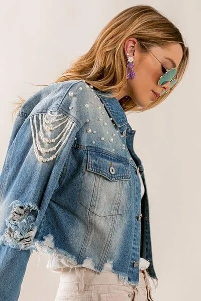 BiBi Pearl Detail Distressed Cropped Denim Jacket