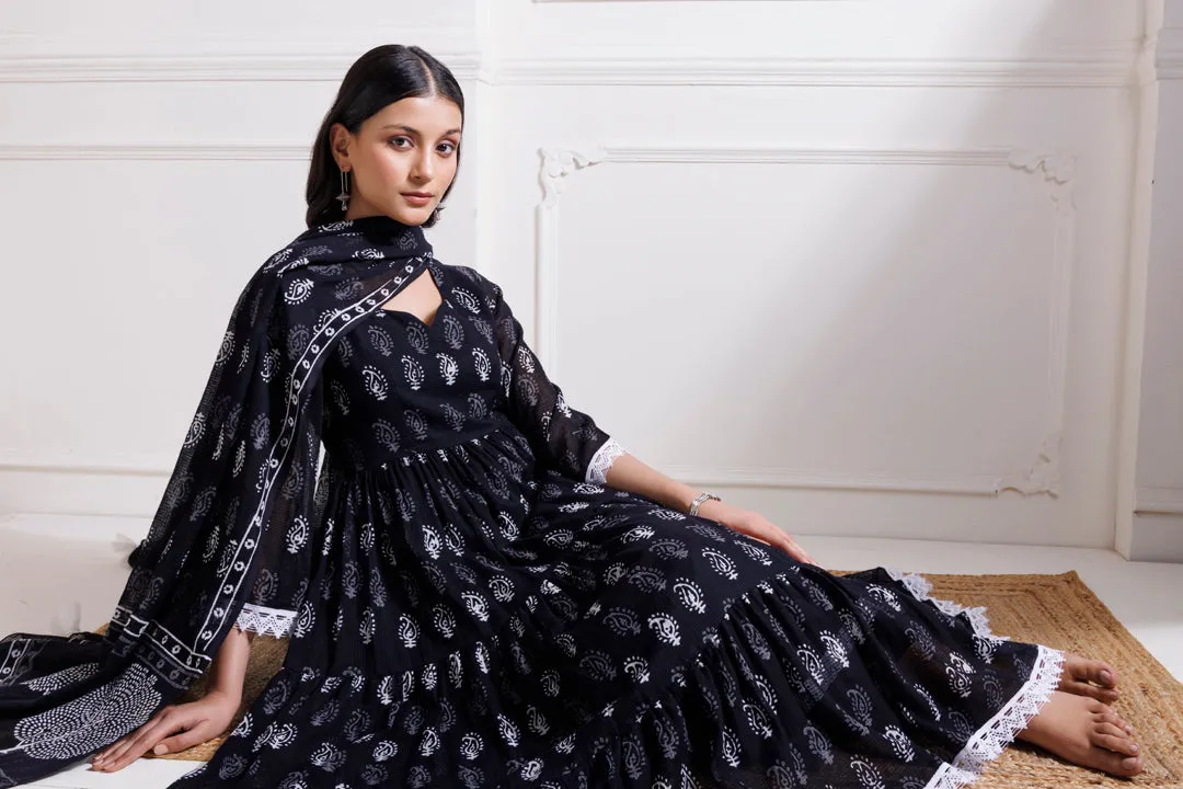 Black Handblock Printed Anarkali Suit Set