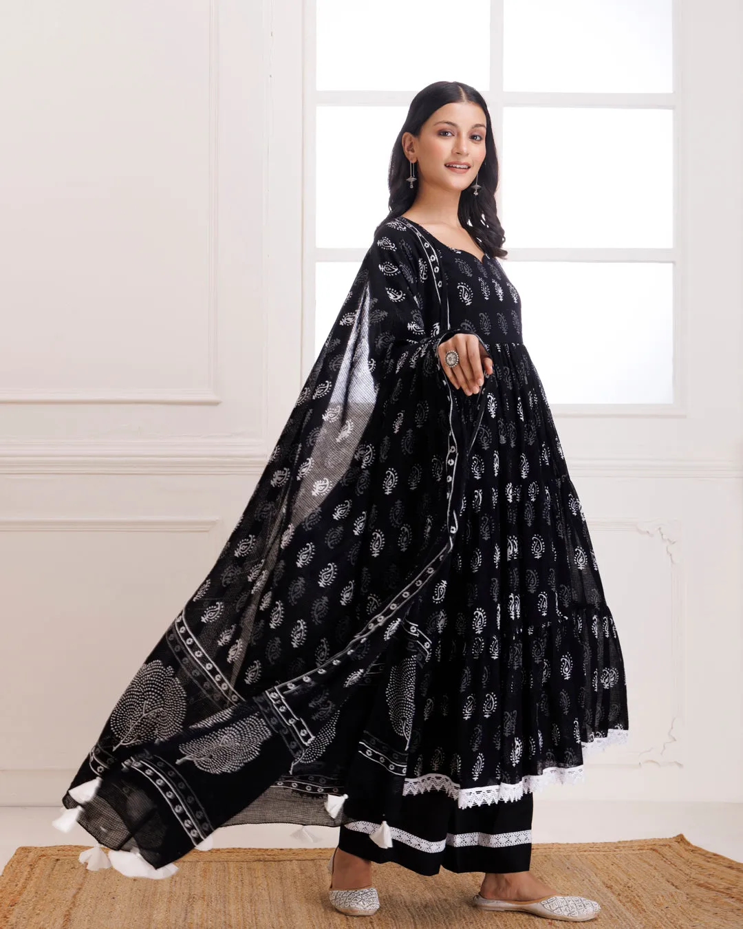 Black Handblock Printed Anarkali Suit Set