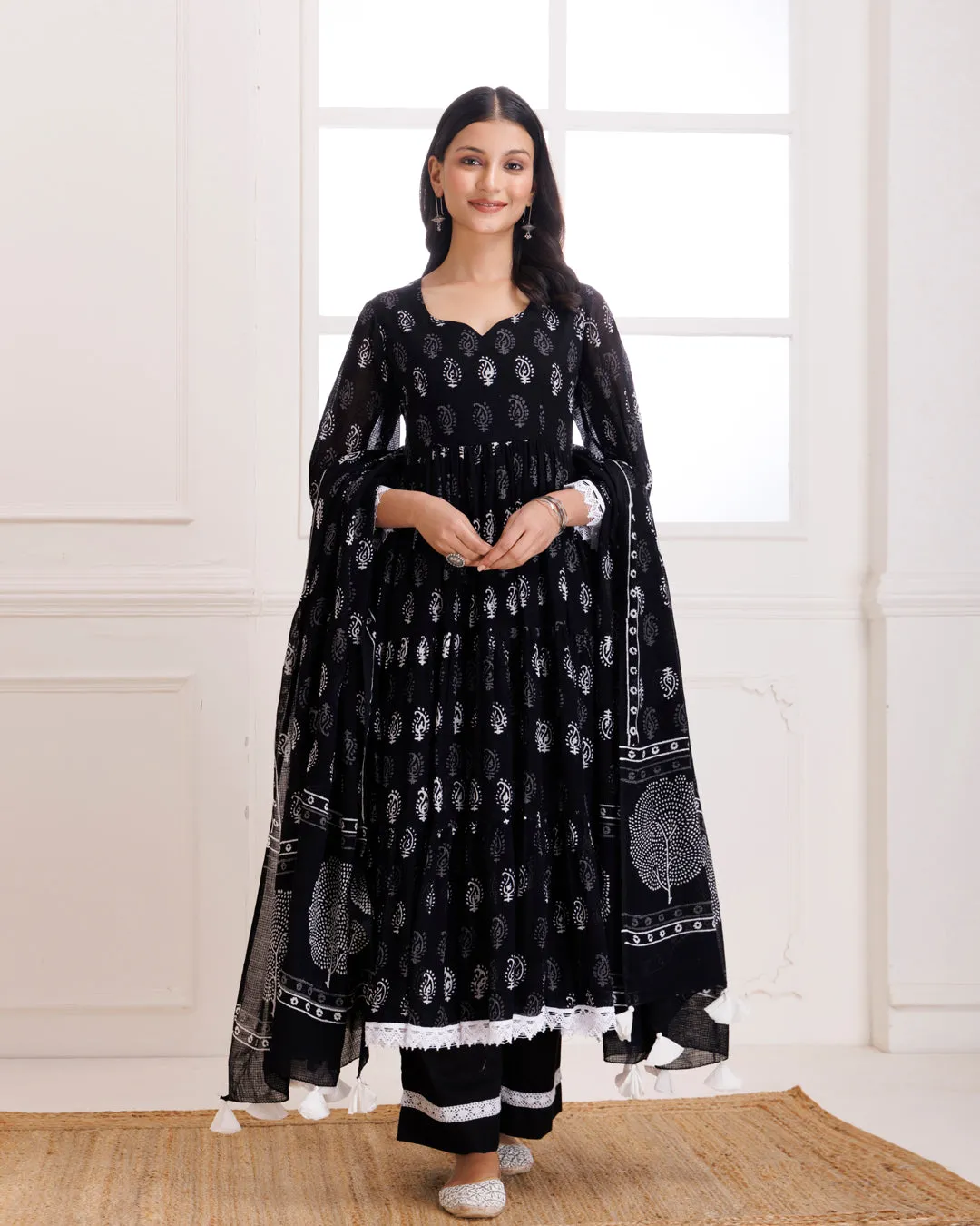 Black Handblock Printed Anarkali Suit Set