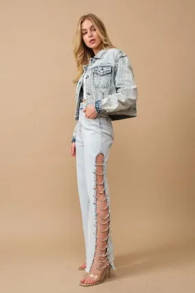 Blue B Cut Out At Side w/ Jewel Trim Stretch Denim Jeans