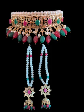 C28 Hyderabadi jadau small sized kids jadavi lacha choker in ruby emerald ( READY TO SHIP )