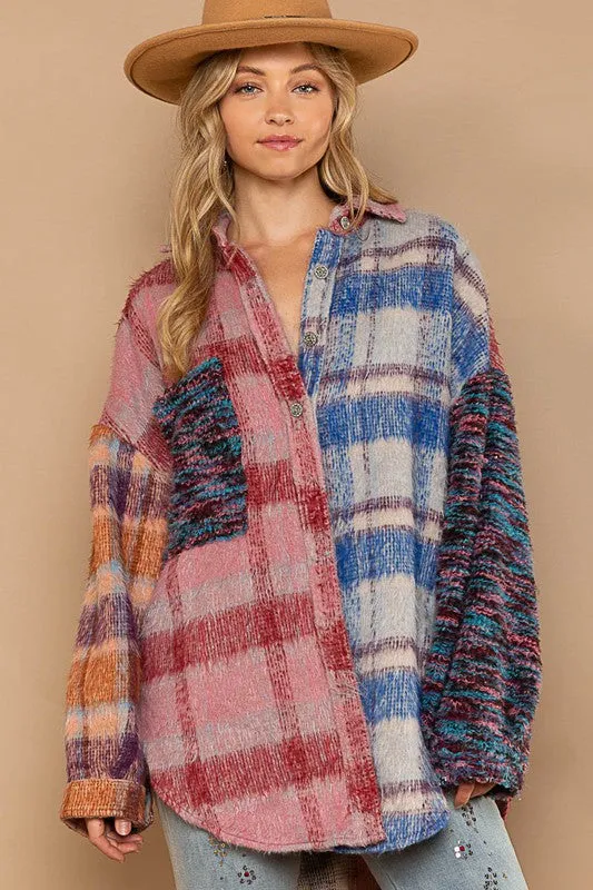 Contrast Sweater Sleeve Brushed Plaid Shacket