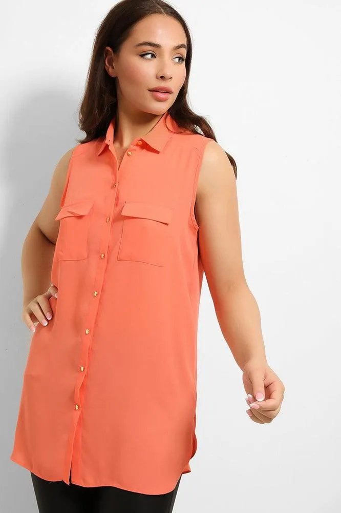 Gold Buttons Pockets Sleeveless Chiffon Shirt