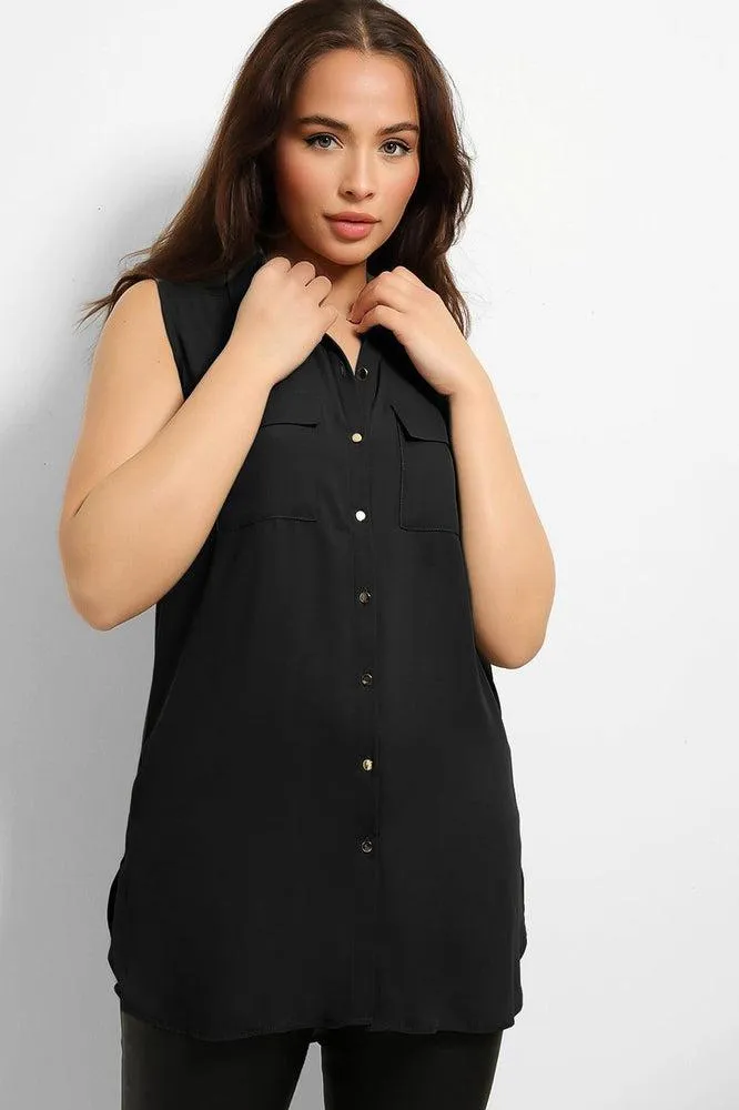 Gold Buttons Pockets Sleeveless Chiffon Shirt