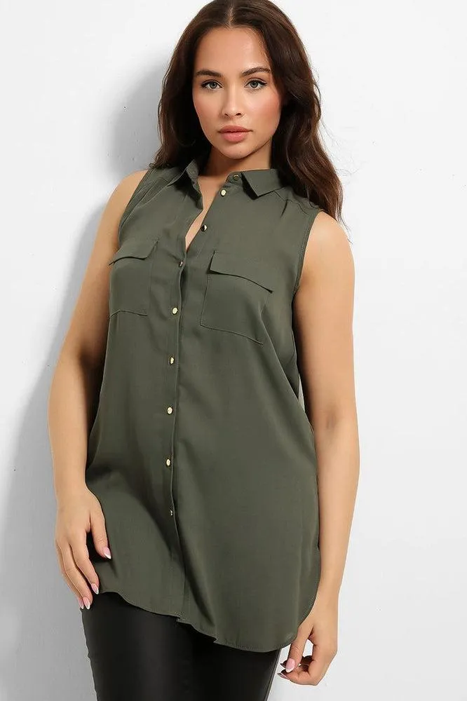 Gold Buttons Pockets Sleeveless Chiffon Shirt