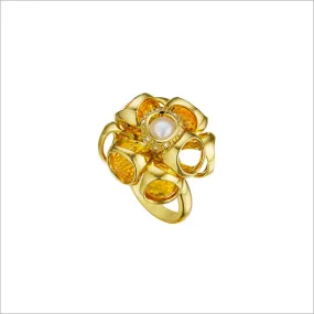 Icona Golden Quartz, Pearl & Diamond Cluster Ring in Sterling Silver plated with Gold