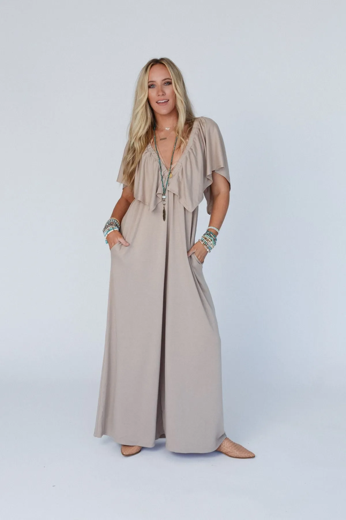 On Repeat Open Back Ruffle Jumpsuit - Mocha