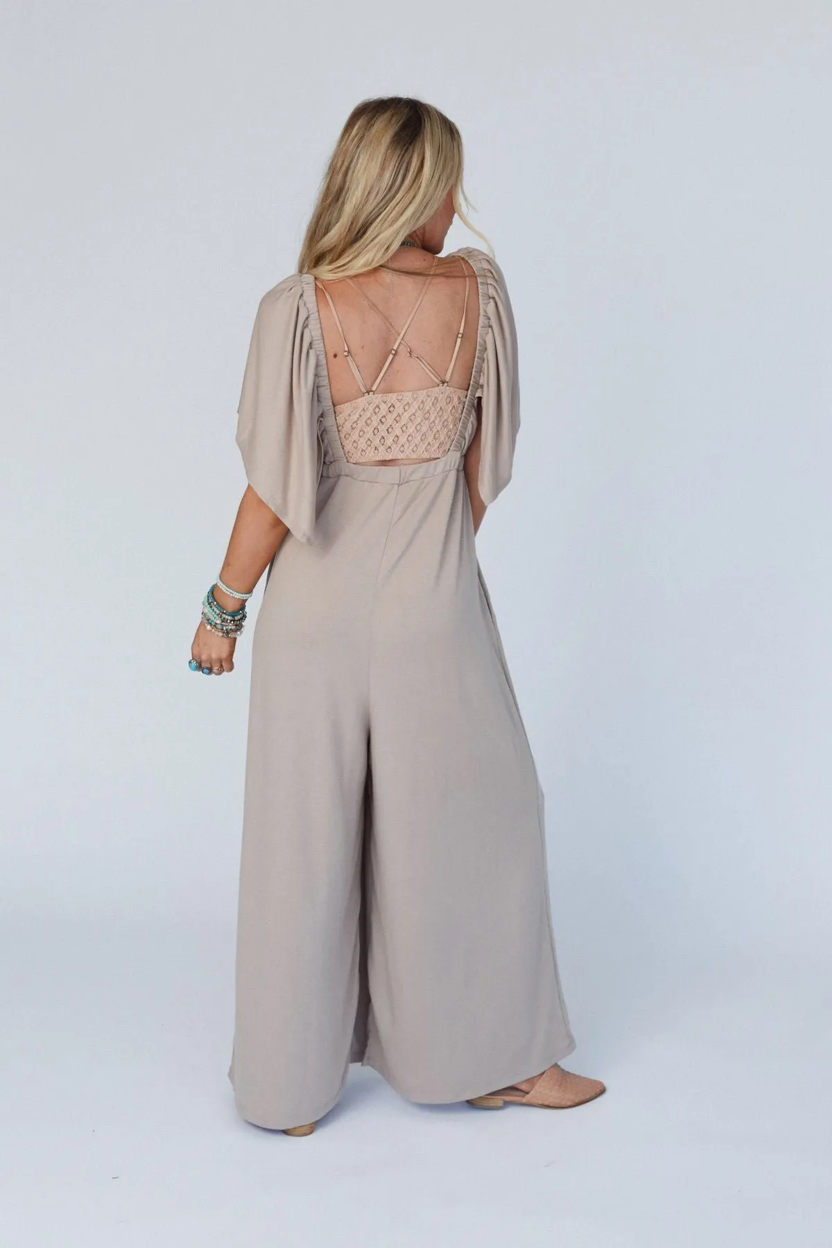 On Repeat Open Back Ruffle Jumpsuit - Mocha