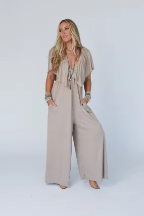 On Repeat Open Back Ruffle Jumpsuit - Mocha