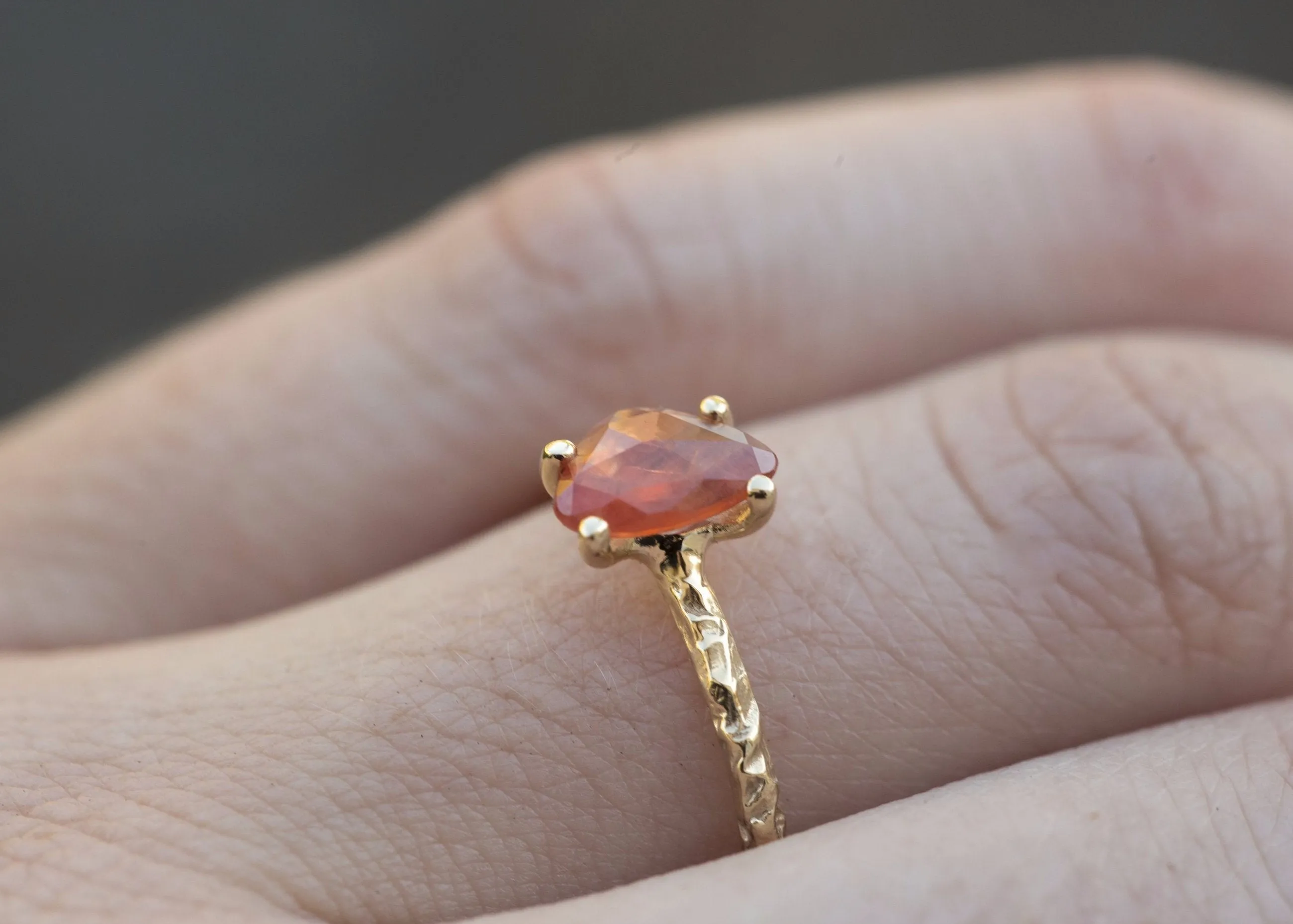 Peach Rosecut Sapphire and Dainty Carved Yellow Gold Solitaire Engagement Ring- Low Profile Rosecut Ring - Skinny Band - Asymmetrical hand carved by Anueva Jewelry