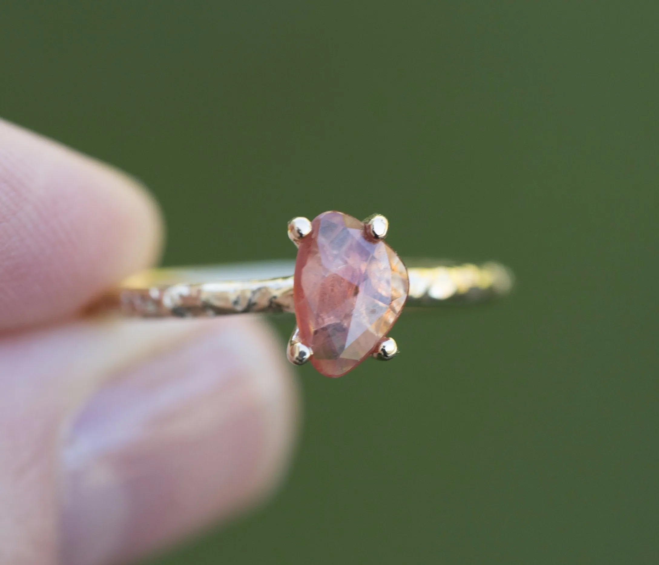 Peach Rosecut Sapphire and Dainty Carved Yellow Gold Solitaire Engagement Ring- Low Profile Rosecut Ring - Skinny Band - Asymmetrical hand carved by Anueva Jewelry