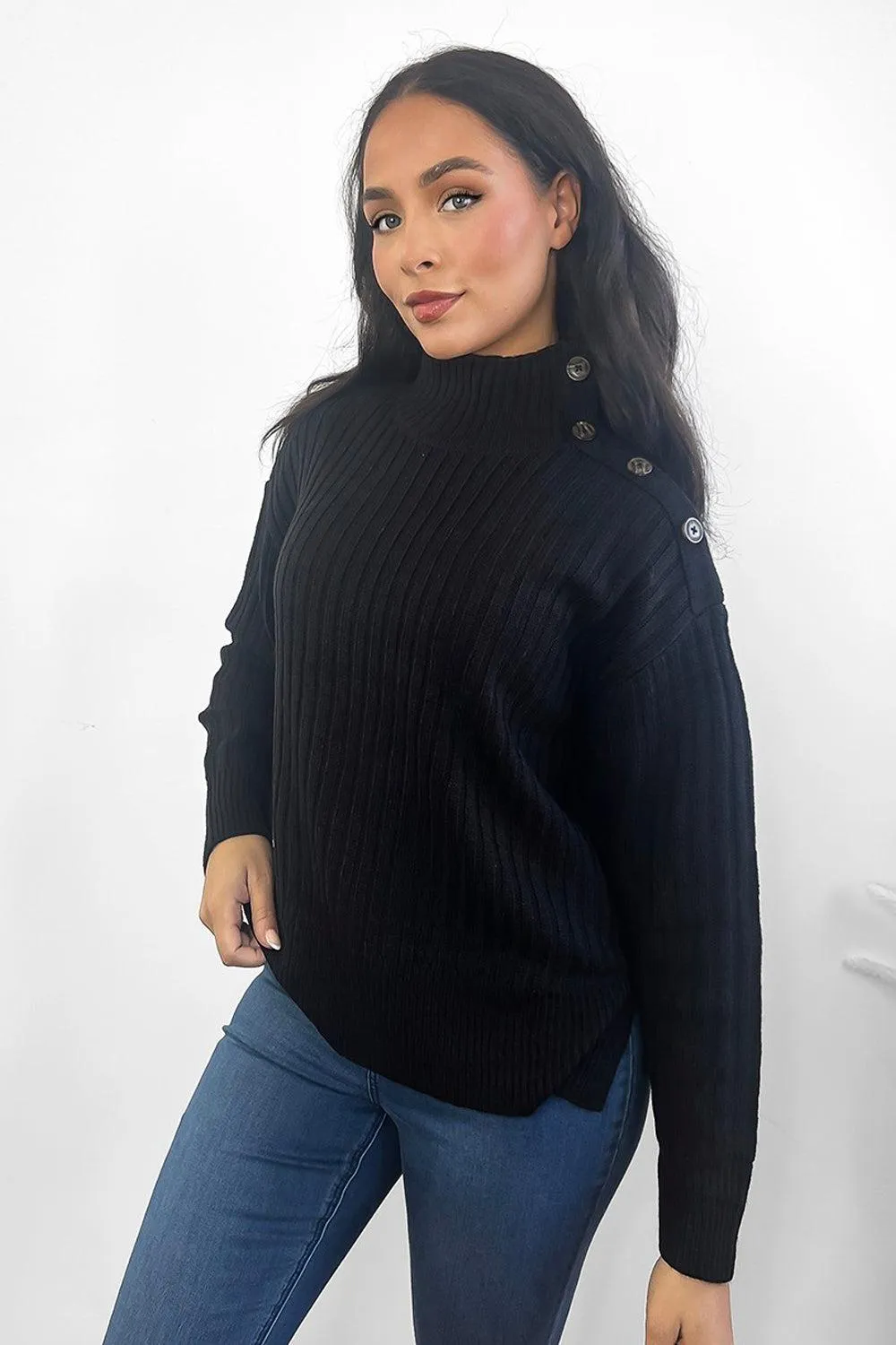 Ribbed Knit Buttoned High Neck Pullover