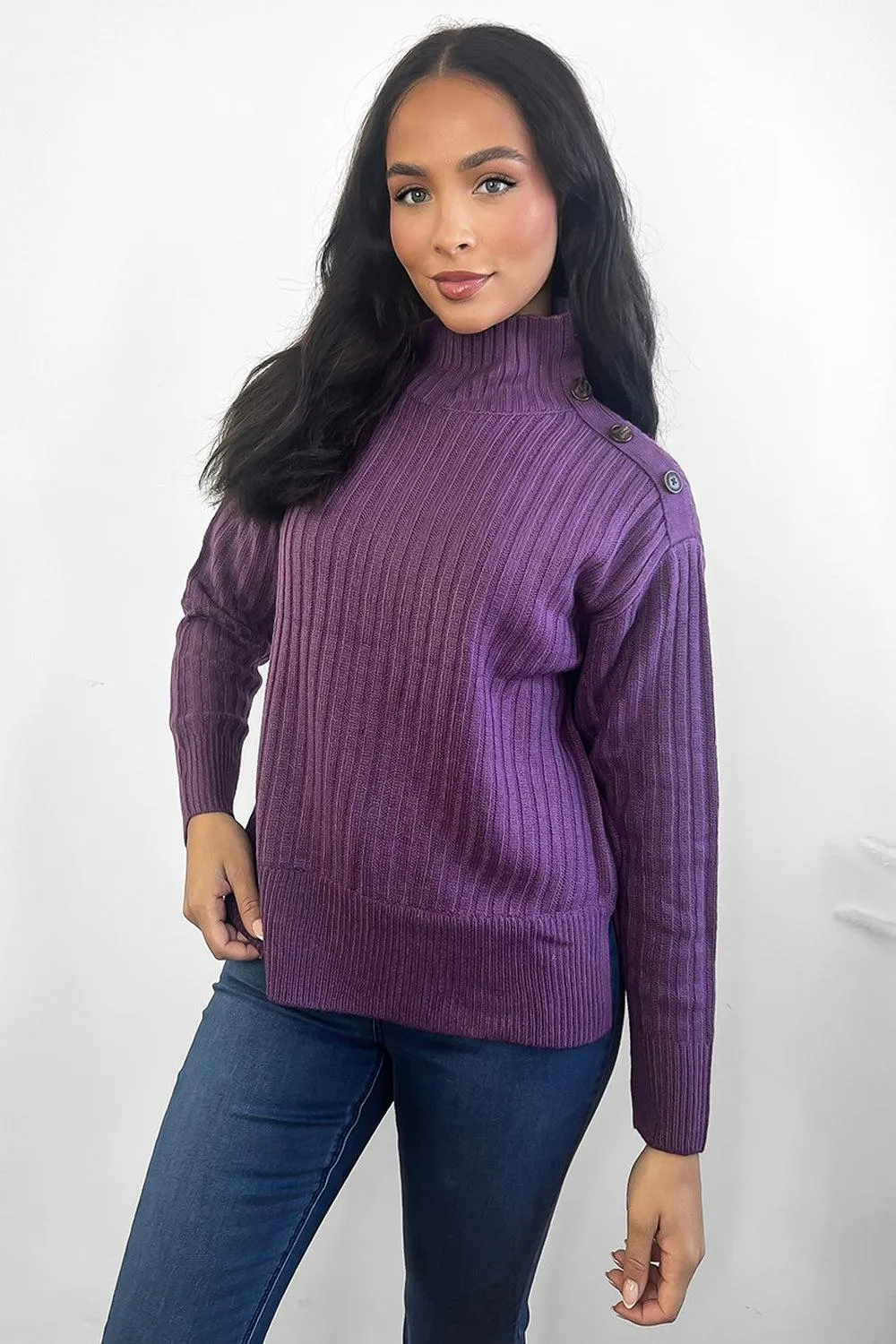 Ribbed Knit Buttoned High Neck Pullover