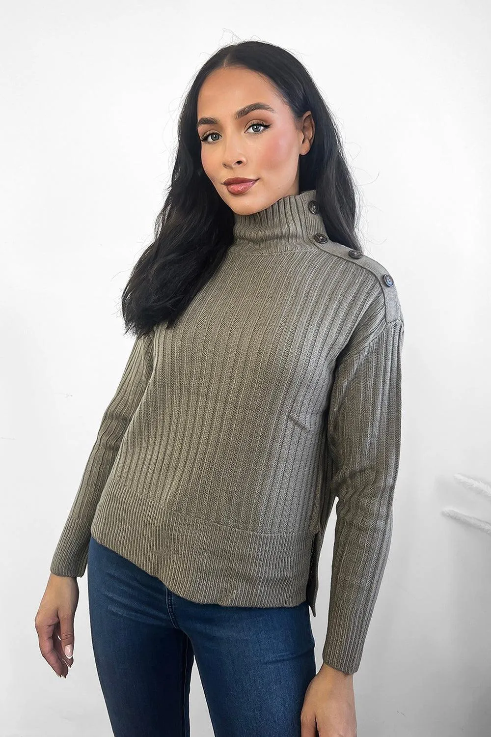 Ribbed Knit Buttoned High Neck Pullover