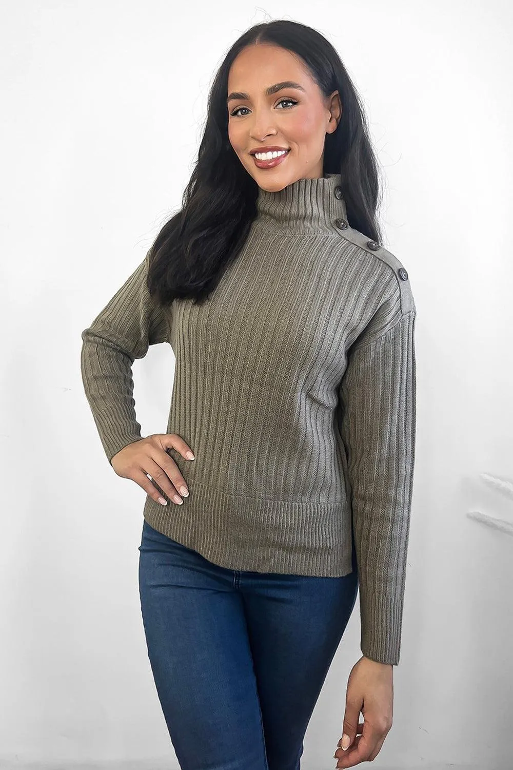 Ribbed Knit Buttoned High Neck Pullover