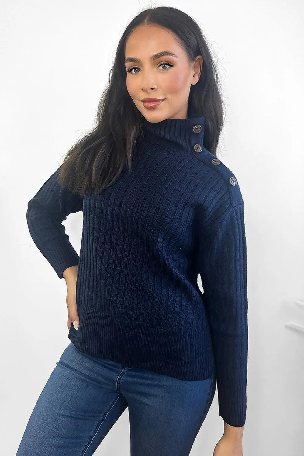 Ribbed Knit Buttoned High Neck Pullover