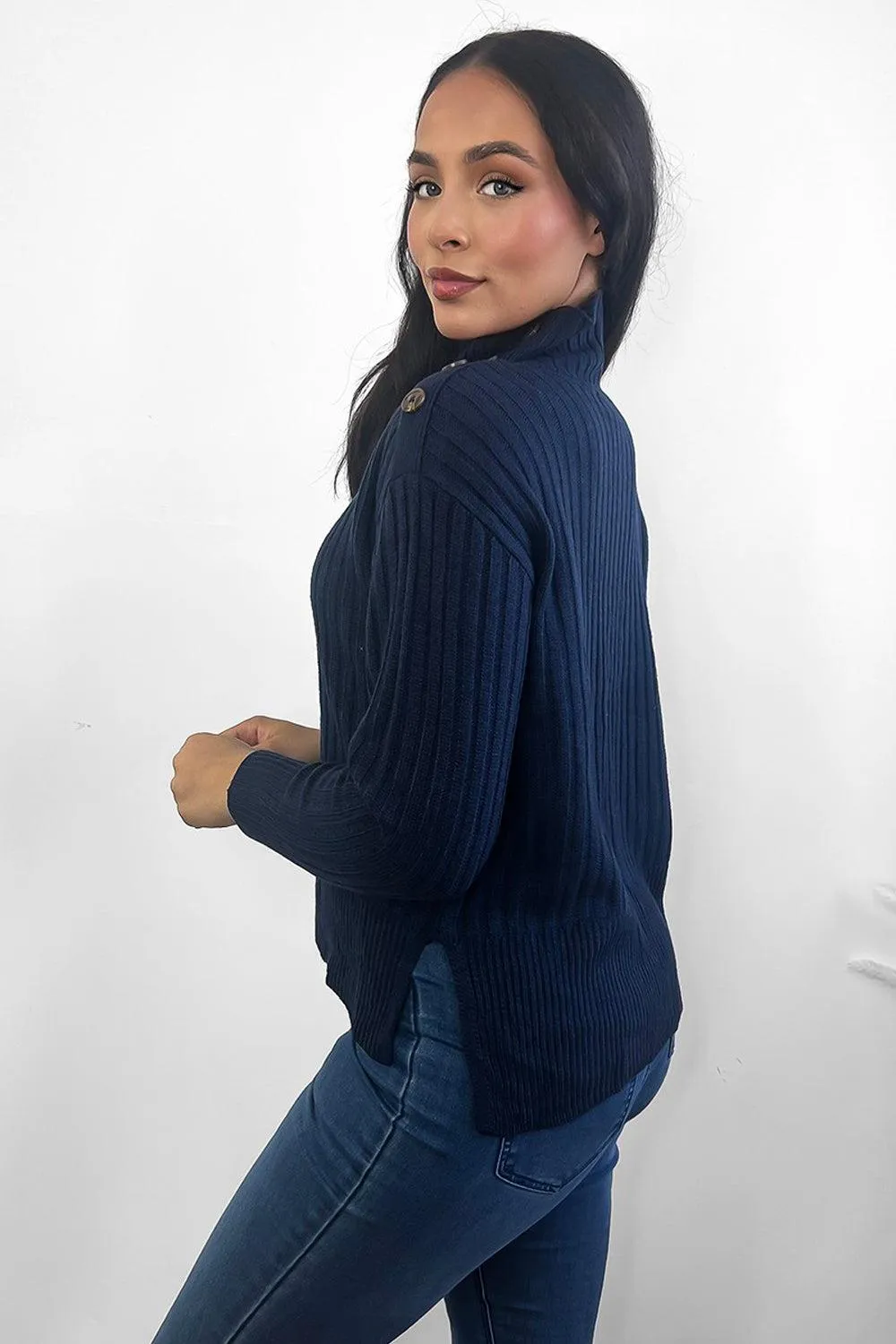 Ribbed Knit Buttoned High Neck Pullover