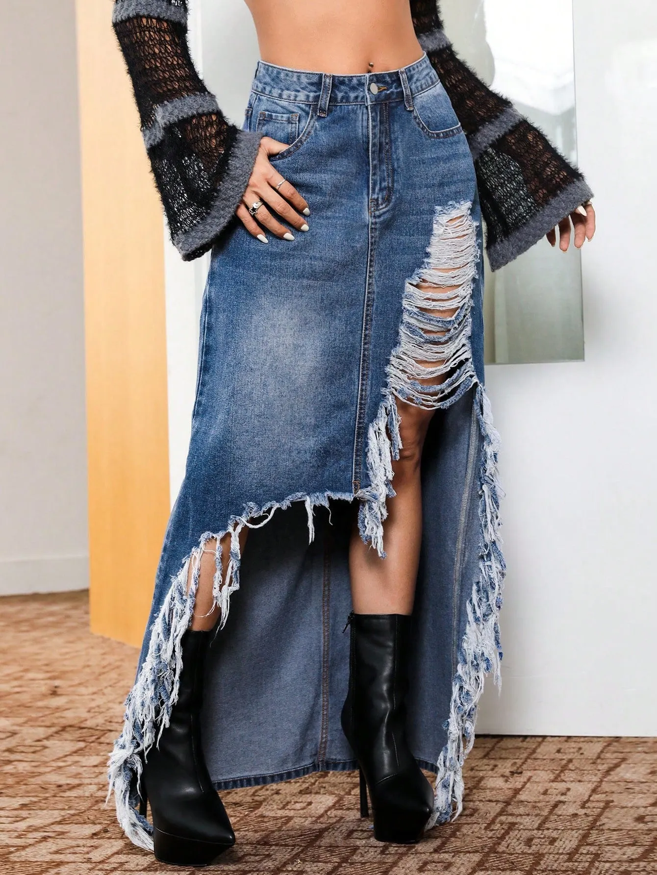 Ripped Denim Maxi Skirt