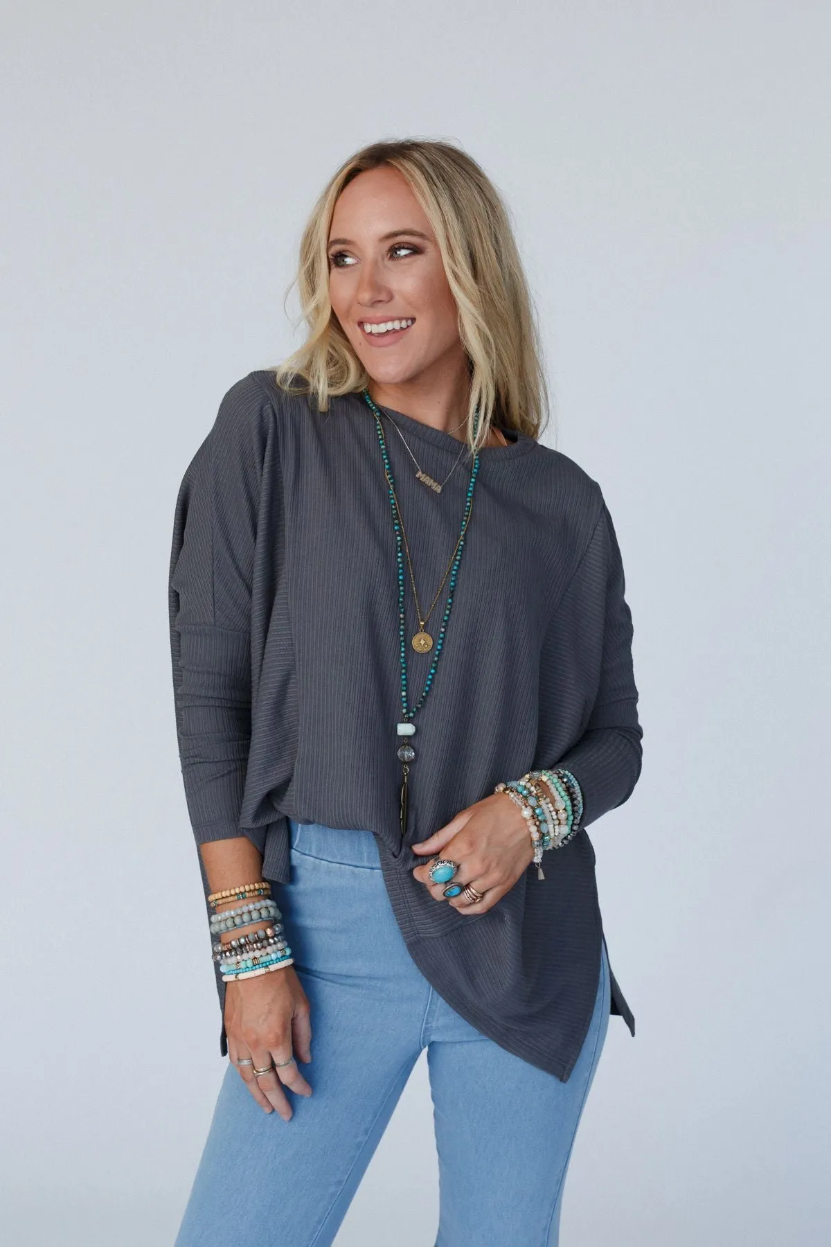 Rosemary Contrast Long Sleeve Top - Charcoal