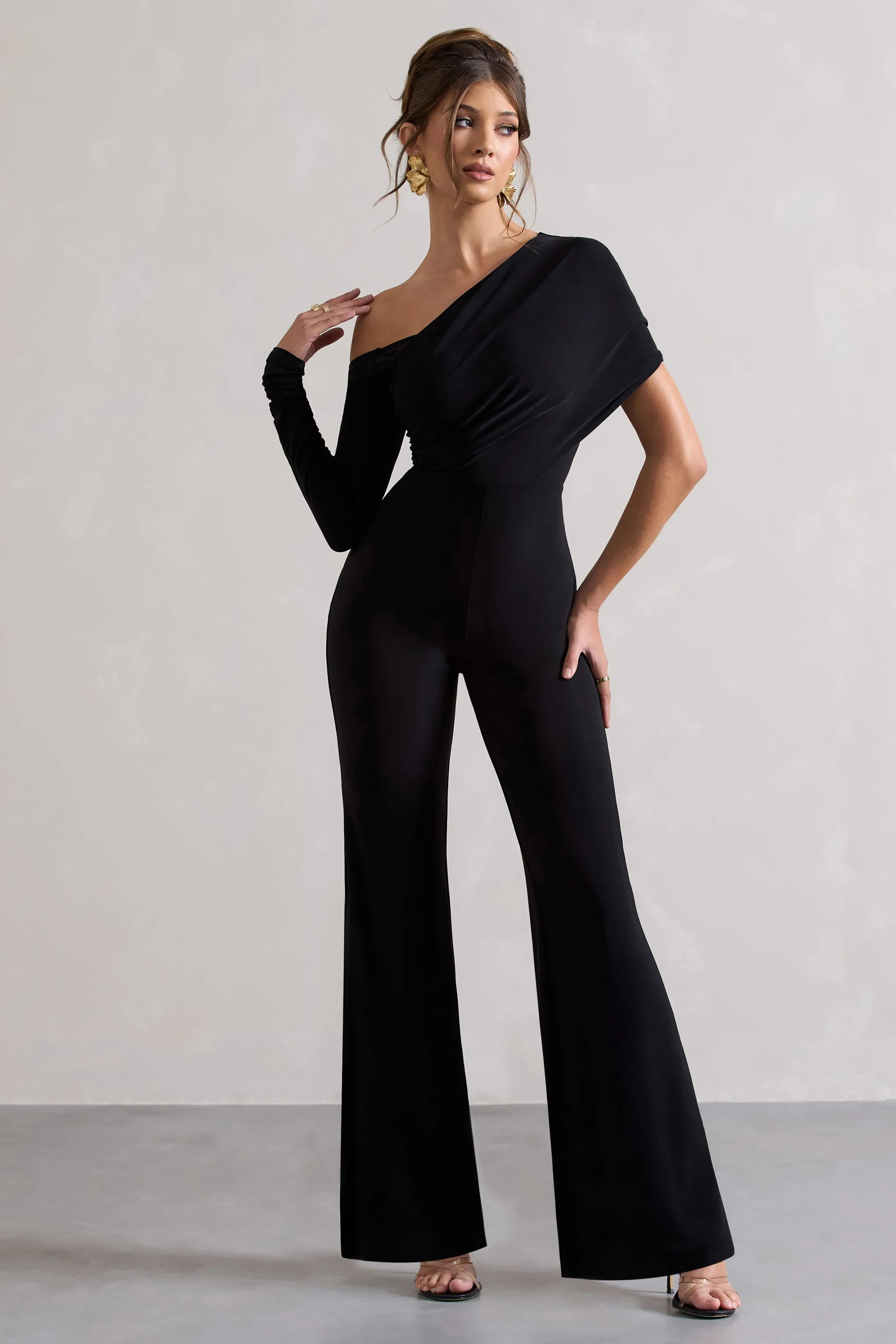 Rotate | Black Ruched Asymmetric Cut-Out Flared-Leg Jumpsuit