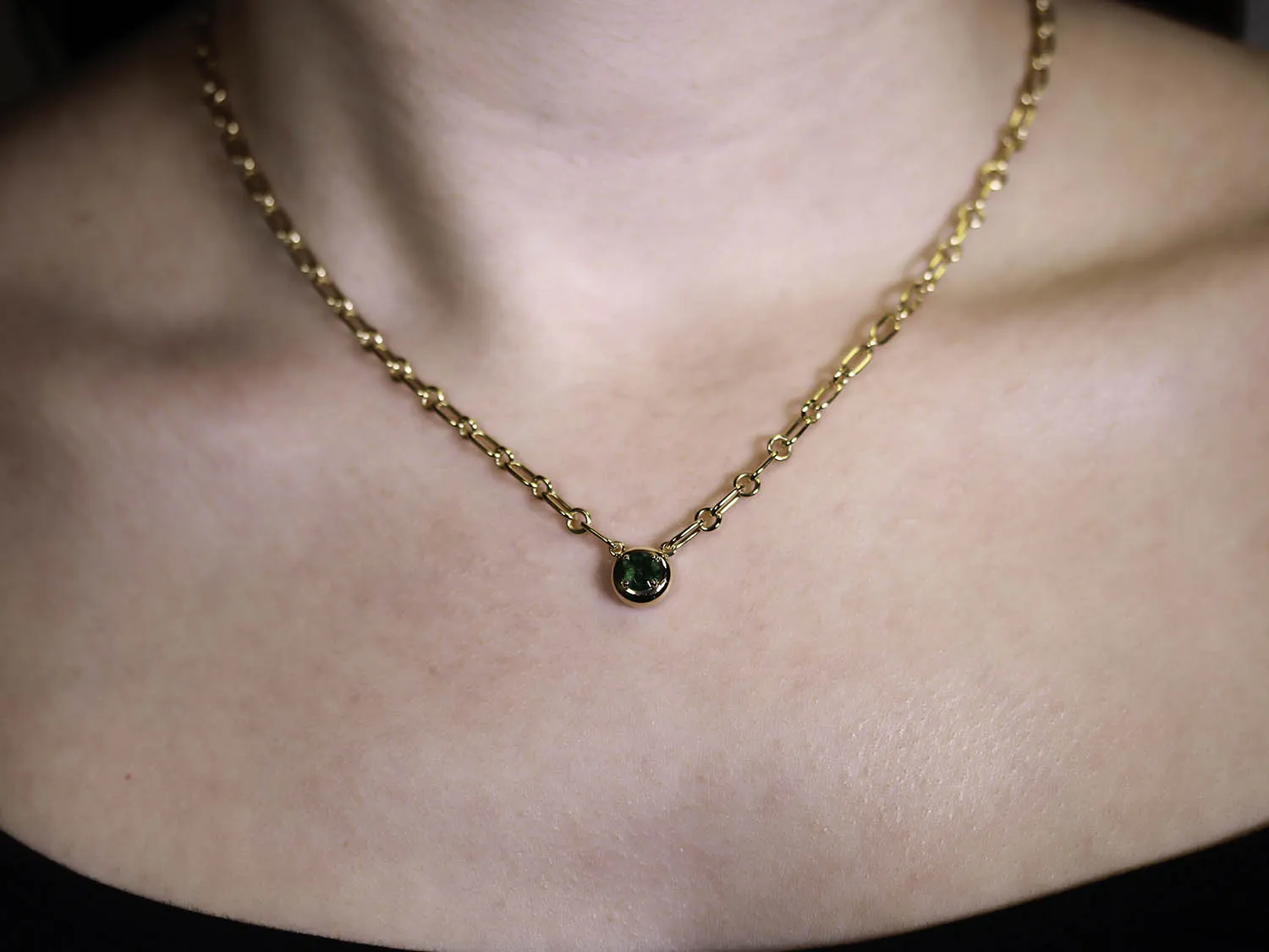 Round Natural Emerald Pendant with Link Chain Necklace