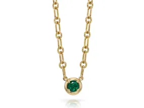 Round Natural Emerald Pendant with Link Chain Necklace