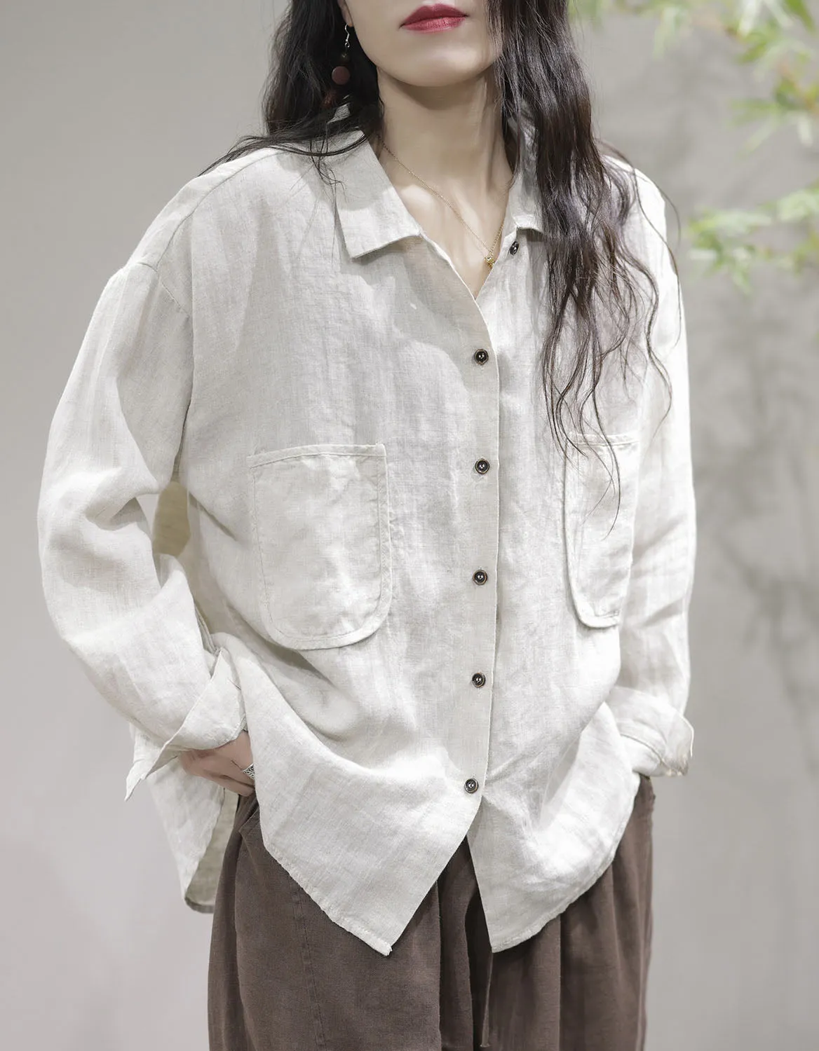 Spring Linen Loose Leisure Long-sleeves Shirt