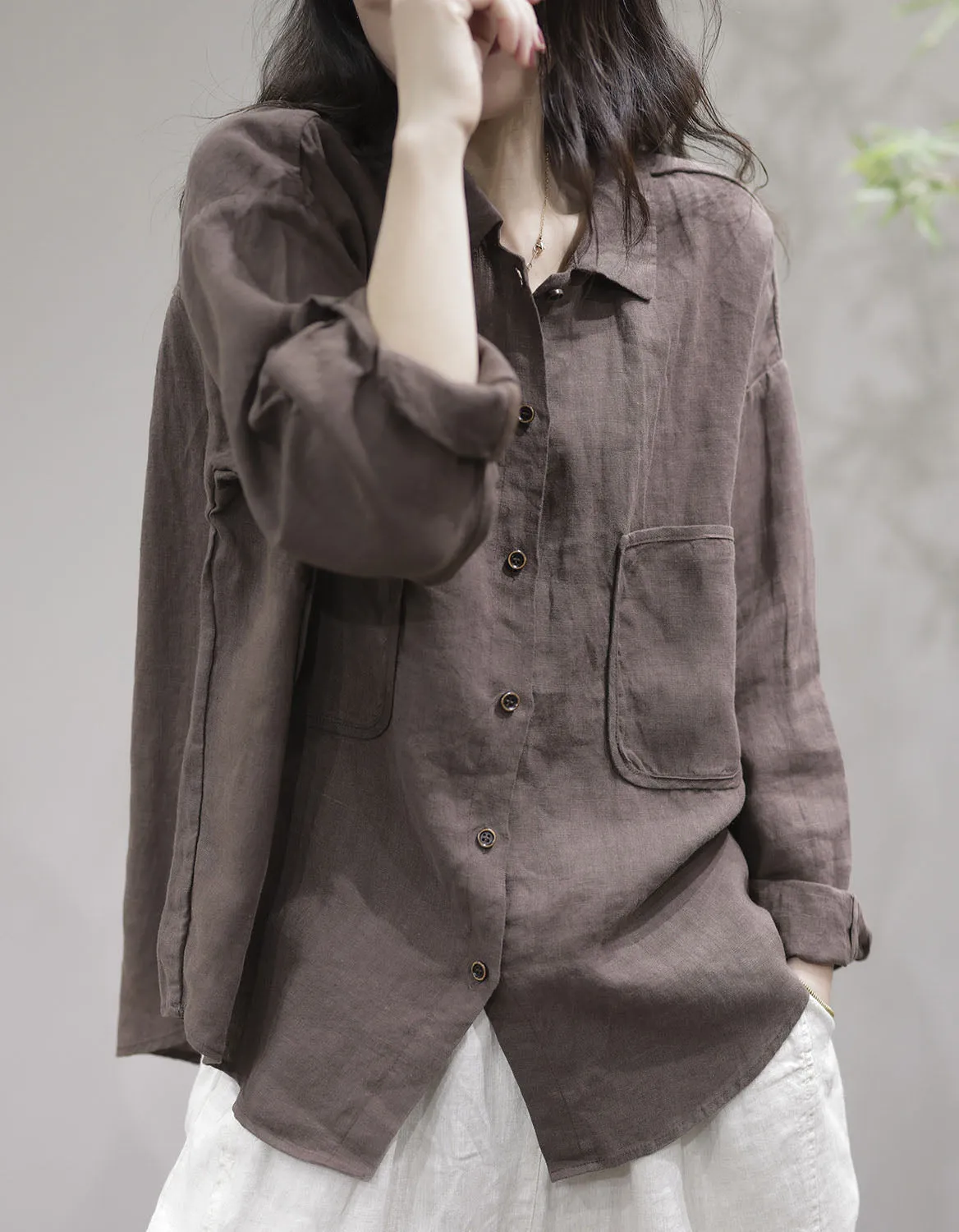 Spring Linen Loose Leisure Long-sleeves Shirt