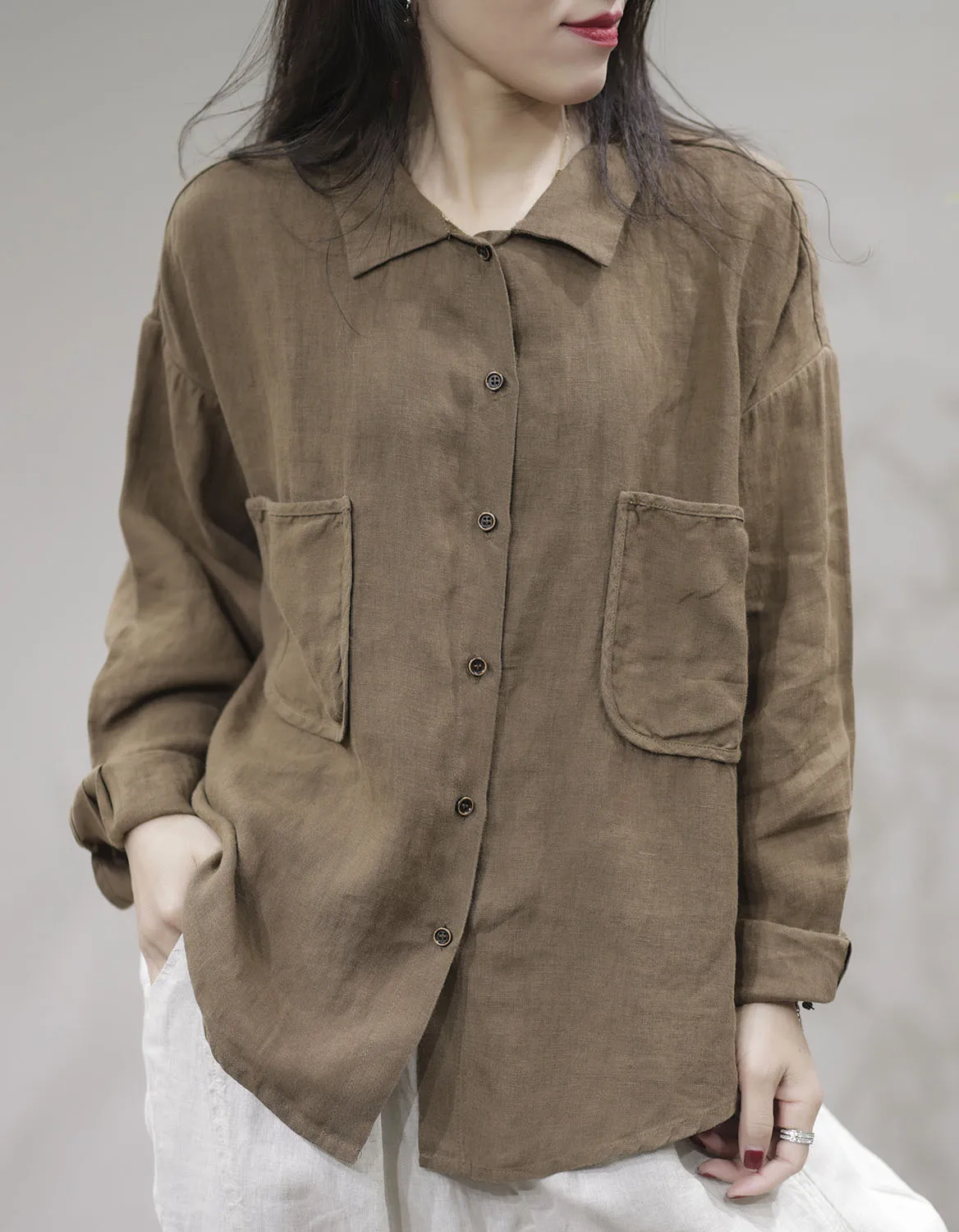 Spring Linen Loose Leisure Long-sleeves Shirt