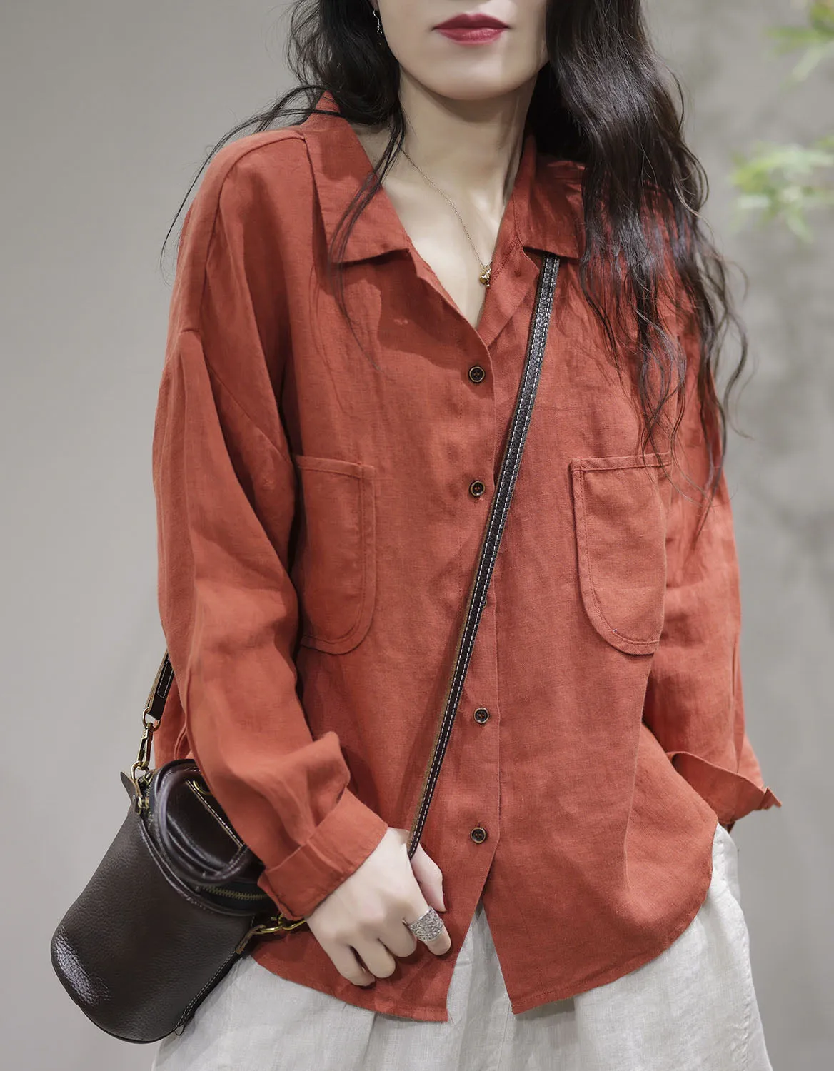 Spring Linen Loose Leisure Long-sleeves Shirt