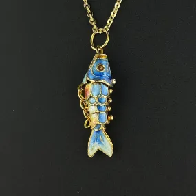 Vintage Articulated Gold Vermeil Blue Enamel Koi Fish Pendant Necklace